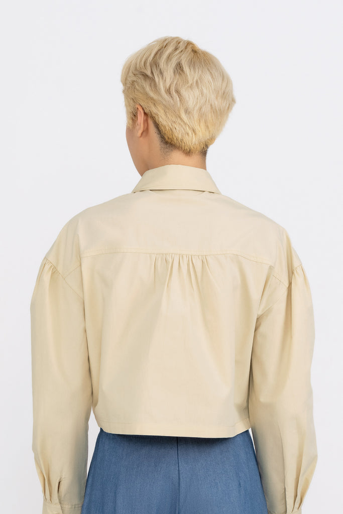 Yacht21, Yacht 21, yacht21, yacht 21, Y21, y21, womenswear, ladieswear, ladies, fashion, clothing, top, long sleeves, shirt, drop shoulder, button down front, essential, versatile, classic, timeless, minimalistic, contemporary, escape edit, cropped, beige, Flynn Cropped Cotton Shirt