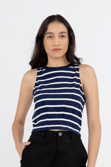 Y21, y21, Yacht21, Yacht 21, yacht21, yacht 21, womenswear, ladieswear, ladies, fashion, clothing, clothes, casual, easy, versatile, classic, basic, staple, simple, minimal, comfortable, top, knit, sleeveless, knitwear, cotton, relaxed, blue, white, Greta Knit Striped Crop Top in Navy Blue