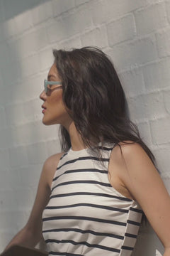 Y21, y21, Yacht21, Yacht 21, yacht21, yacht 21, womenswear, ladieswear, ladies, fashion, clothing, clothes, casual, easy, versatile, classic, basic, staple, simple, minimal, comfortable, top, knit, sleeveless, knitwear, cotton, relaxed, blue, white, Greta Knit Striped Crop Top in White