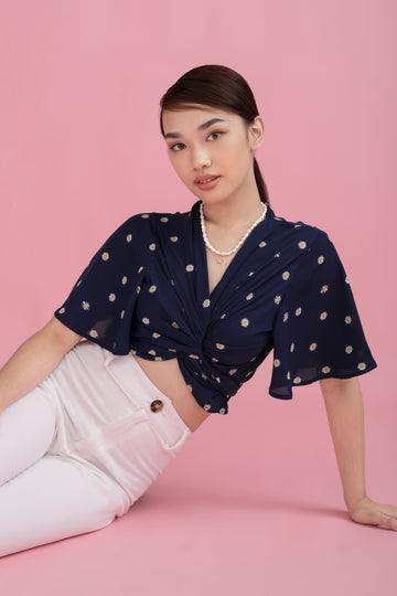 Joyce Daisy Self Tie Wrap Top - Yacht 21 - Women / ladies fashion clothing - cropped top , blue , short sleeves , wrap top , summer , vacation , vacay , holiday , urban resort wear , casual , fuss free / Y21