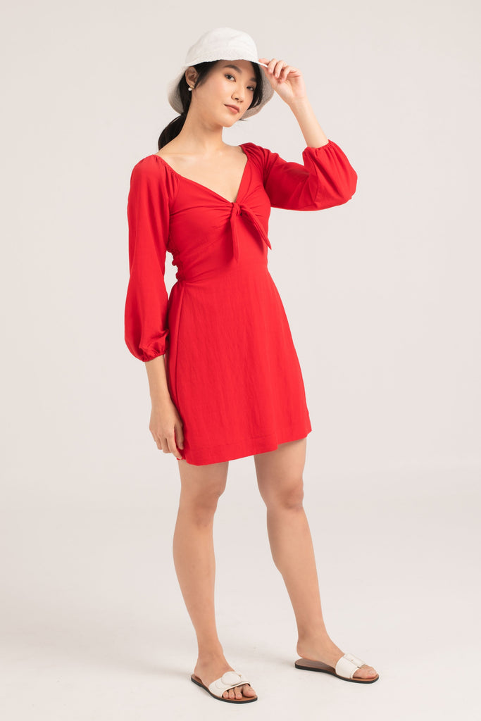 Abril Tie Front Dress in Red - yacht 21 - women / ladies fashion clothing - short , mini dress , v-neckline , long sleeves , casual , red , festive , cny , chinese new year, lunar new year , urban resort wear , holiday , summer , vacay , vacation