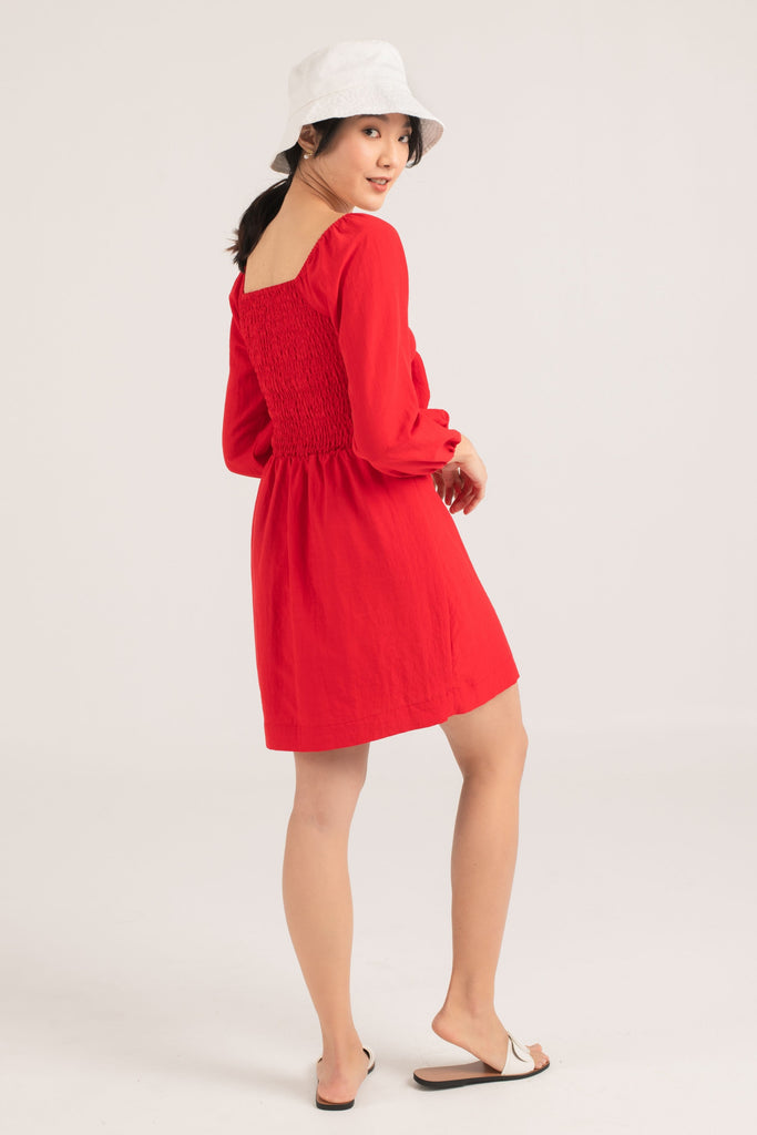 Abril Tie Front Dress in Red - yacht 21 - women / ladies fashion clothing - short , mini dress , v-neckline , long sleeves , casual , red , festive , cny , chinese new year, lunar new year , urban resort wear , holiday , summer , vacay , vacation