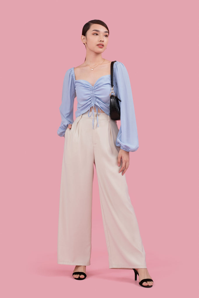 Willow Ruched Drawstring Top - yacht 21 - y21 - women ladies clothing fashion - cropped top , crop top , long sleeves , stretchy , casual , urban resort wear , holiday , summer , vacay , vacation , fuss free , wrinkle free , low ironing , blue , light blue , baby blue , ruching 