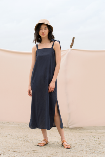 yacht 21 - micaela linen tie shoulder dress - women / ladies fashion clothing - dark blue midi dress , summer , vacation , vacay , urban resort wear , slit , sleeveless 