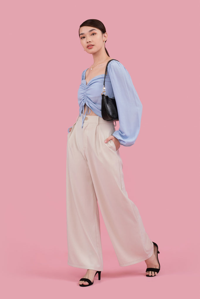 Willow Ruched Drawstring Top - yacht 21 - y21 - women ladies clothing fashion - cropped top , crop top , long sleeves , stretchy , casual , urban resort wear , holiday , summer , vacay , vacation , fuss free , wrinkle free , low ironing , blue , light blue , baby blue , ruching 