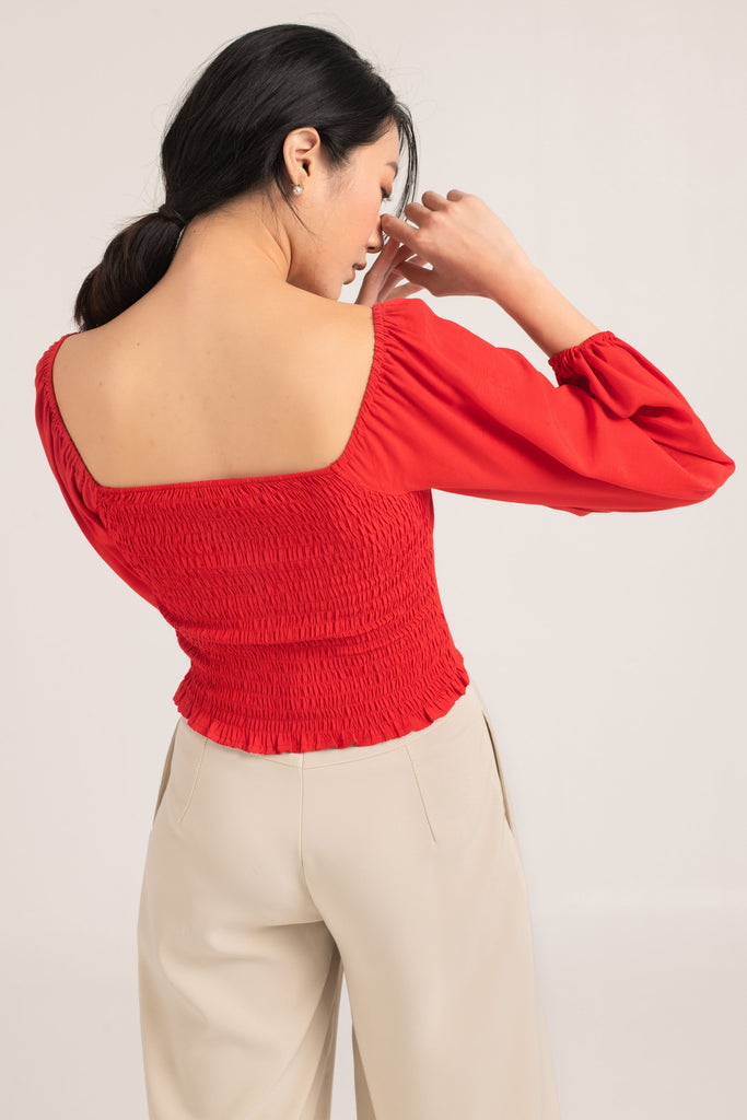 Bella Ruched Long Sleeve Top - white , red - yacht 21 - women ladies clothing fashion - top , blouse , long sleeves , sleeve , ruching , cropped top , crop top , tight fitting , boat neckline , square neck , casual , urban resort wear , holiday , summer , fuss free , wrinkle free , low ironing , y21