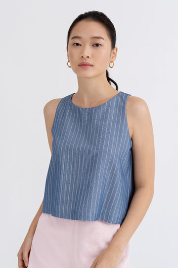 Yacht21, Yacht 21, yacht21, yacht 21, Y21, y21, womenswear, ladieswear, ladies, fashion, clothing, fuss-free, low ironing, casual, easy, versatile, comfortable, sleeveless, airy, lightweight, simple, minimal, top, stripe, blue, Janice Striped Boatneck Top