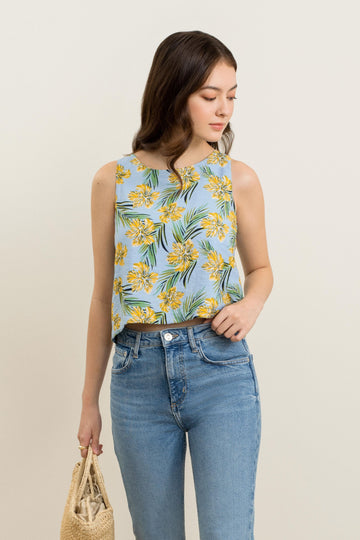 Sophia Printed Top - yacht 21 / Y21 - women ladies clothing fashion - floral , flowers , tropical , holiday , summer ,  vacay , vacation , urban resort wear , wrinkle free , fuss free , low ironing , sleeveless , crop top , cropped top , round neckline , casual 