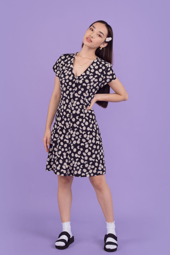 Coco Daisy Lace Back Printed Dress - yacht 21 - women ladies clothing fashion - y21 , short dress , mini dress , knee length , short sleeves , button down , buttons , v-neckline , daisy , a-line dress , urban resort wear , holiday , summer , vacay , vacation , fuss free , wrinkle free , low ironing 