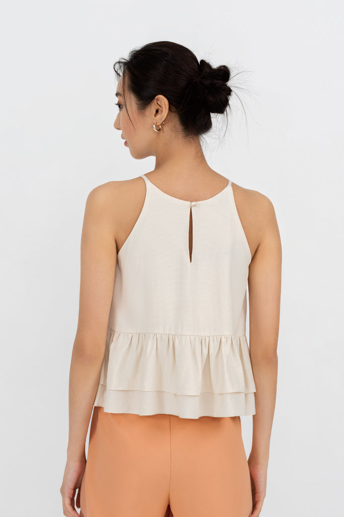 Yacht21, Yacht 21, yacht21, yacht 21, Y21, y21, womenswear, ladieswear, ladies, fashion, clothing, fuss-free, low ironing, casual, easy, versatile, comfortable, sleeveless, halter, straps, airy, light, lightweight, top, cami, simple, beige, Odette Peplum Cami Top in Sand Beige