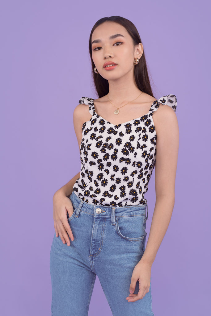 Regina Daisy Flounce Trimmed Top in White , Regina Daisy Flounce Trimmed Top in Black - yacht 21 / Y21 - women ladies fashion clothing - sleeveless , ruffles , daisy flowers , floral , casual , summer , holiday , urban resort wear , vacay , vacation , fuss free , wrinkle free , low ironing 