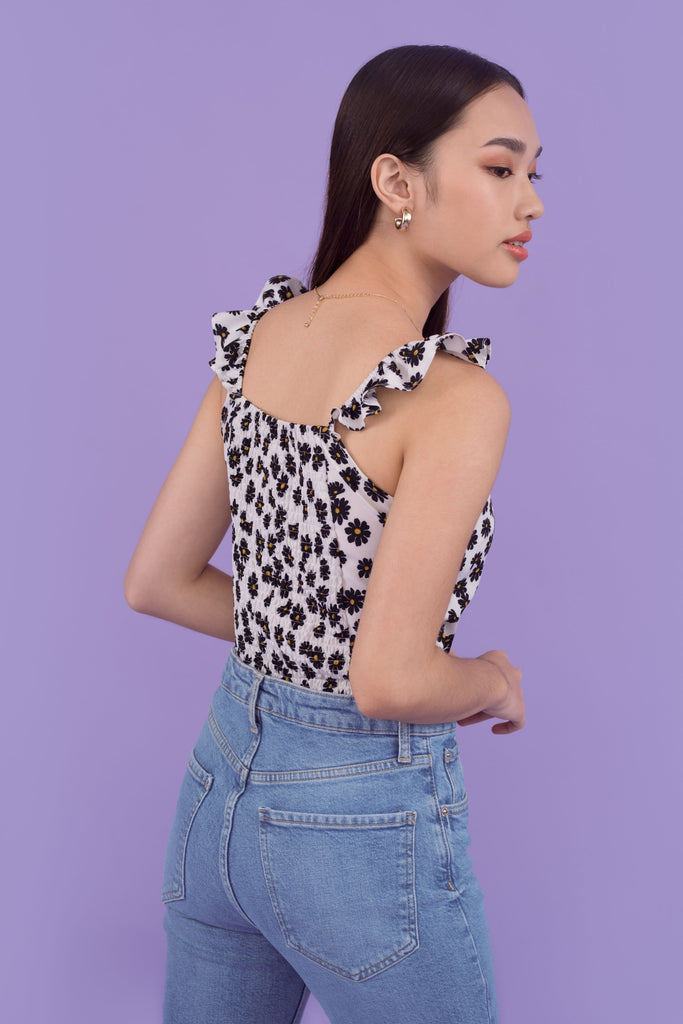 Regina Daisy Flounce Trimmed Top in White , Regina Daisy Flounce Trimmed Top in Black - yacht 21 / Y21 - women ladies fashion clothing - sleeveless , ruffles , daisy flowers , floral , casual , summer , holiday , urban resort wear , vacay , vacation , fuss free , wrinkle free , low ironing 