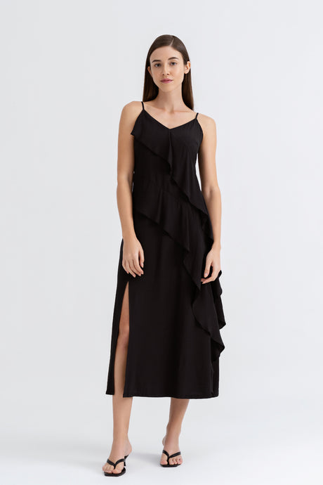 Yacht21, Yacht 21, yacht21, yacht 21, Y21, y21, womenswear, ladieswear, ladies, fashion, clothing, fuss-free, low ironing, casual, easy, versatile, comfortable, elegant, feminine, classic, dress, midi dress, long dress, sleeveless, adjustable, straps, minimal, simple, staple, basic, seasonless, ruffle, v-neck, side slit, slit, black, Lita Ruffle Midi Dress in Black
