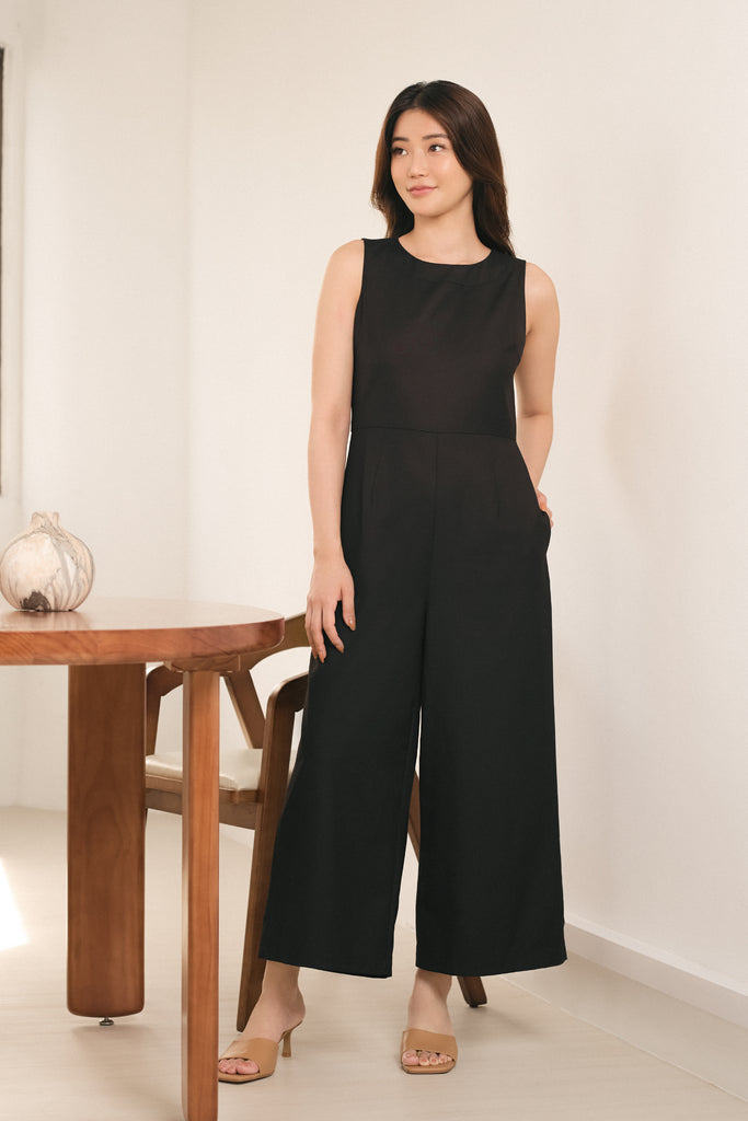 Yacht21, Yacht 21, yacht21, yacht 21, Y21, y21, womenswear, ladieswear, ladies, fashion, clothing, fuss-free, low ironing, wrinkle free, casual, easy, versatile, comfortable, sleeveless, round neck, pockets, sleek, cut out, feminine, tailored, jumpsuit, Skylar Tailored Jumpsuit in Black