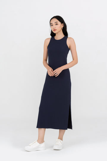 Yacht21, Yacht 21, yacht21, yacht 21, Y21, y21, womenswear, ladieswear, ladies, fashion, clothing, fuss-free, low ironing, casual, easy, versatile, comfortable, elegant, feminine, classic, dress, midi dress, midi, knit, ribbed, sleeveless, minimal, simple, staple, basic, knitwear, blue, navy blue,  Kymmie Knitted Maxi Dress in Navy Blue