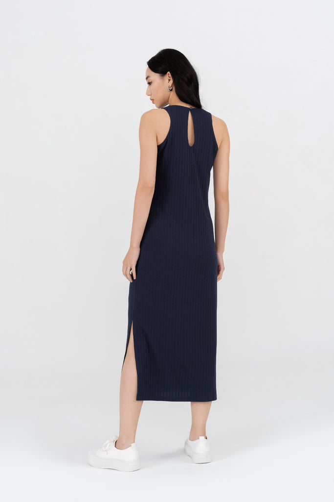 Yacht21, Yacht 21, yacht21, yacht 21, Y21, y21, womenswear, ladieswear, ladies, fashion, clothing, fuss-free, low ironing, casual, easy, versatile, comfortable, elegant, feminine, classic, dress, midi dress, midi, knit, ribbed, sleeveless, minimal, simple, staple, basic, knitwear, blue, navy blue, Kymmie Knitted Maxi Dress in Navy Blue