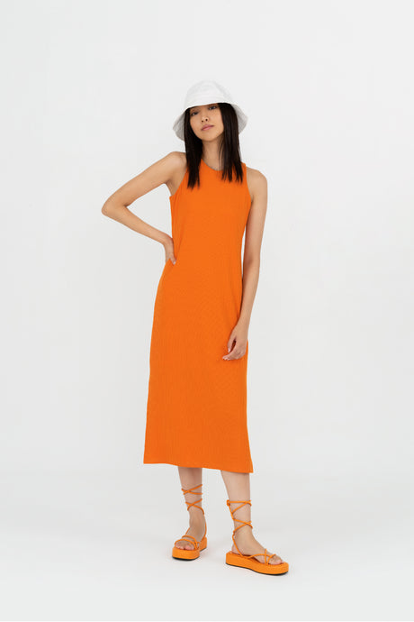 Yacht21, Yacht 21, yacht21, yacht 21, Y21, y21, womenswear, ladieswear, ladies, fashion, clothing, fuss-free, low ironing, casual, easy, versatile, comfortable, elegant, feminine, classic, dress, midi dress, midi, knit, ribbed, sleeveless, minimal, simple, staple, basic, knitwear, orange, Kymmie Knitted Maxi Dress in Orange