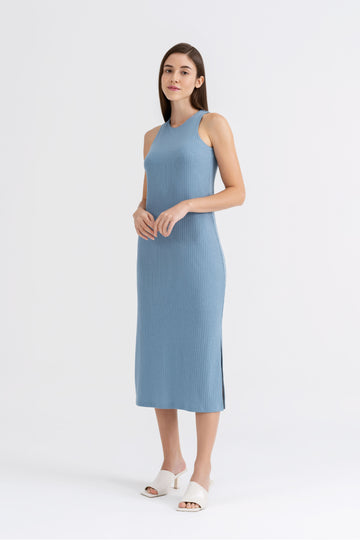 Yacht21, Yacht 21, yacht21, yacht 21, Y21, y21, womenswear, ladieswear, ladies, fashion, clothing, fuss-free, low ironing, casual, easy, versatile, comfortable, elegant, feminine, classic, dress, midi dress, midi, knit, ribbed, sleeveless, minimal, simple, staple, basic, blue, white, orange, green, navy blue, Kymmie Knitted Maxi Dress in Caroline Blue