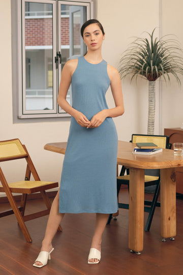 Yacht21, Yacht 21, yacht21, yacht 21, Y21, y21, womenswear, ladieswear, ladies, fashion, clothing, fuss-free, low ironing, casual, easy, versatile, comfortable, elegant, feminine, classic, dress, midi dress, midi, knit, ribbed, sleeveless, minimal, simple, staple, basic, blue, white, orange, green, navy blue, Kymmie Knitted Maxi Dress in Caroline Blue