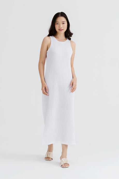 Yacht21, Yacht 21, yacht21, yacht 21, Y21, y21, womenswear, ladieswear, ladies, fashion, clothing,  fuss-free, low ironing, casual, easy, versatile, comfortable, elegant, feminine, classic, dress, midi dress, midi, knit, ribbed,  sleeveless, minimal, simple, staple, basic, blue, white, orange, green, navy blue, Kymmie Knitted Maxi Dress in Winter White