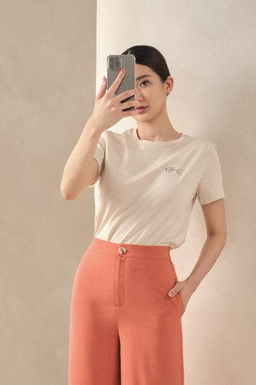 Yacht21, Yacht 21, yacht21, yacht 21, Y21, y21, womenswear, ladieswear, ladies, fashion, clothing,  fuss-free, low ironing, wrinkle free, casual, easy, versatile, comfortable, tshirt, t-shirt, top, embroidery, optimist, short sleeves, sleeves, Carina Basic T-Shirt in Navy Beige