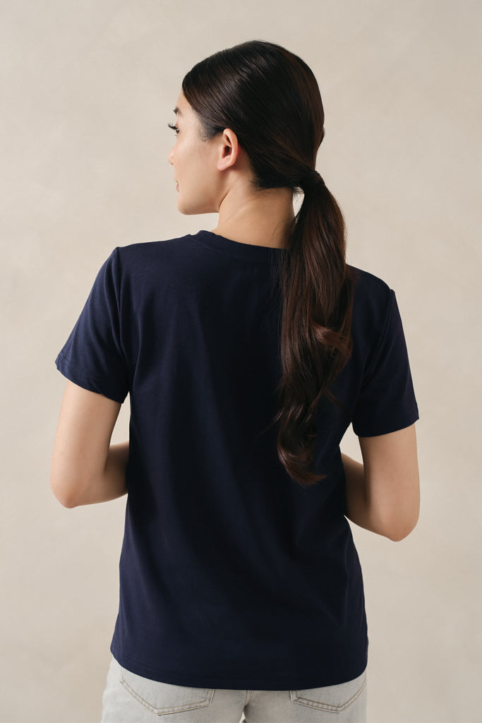 Yacht21, Yacht 21, yacht21, yacht 21, Y21, y21, womenswear, ladieswear, ladies, fashion, clothing,  fuss-free, low ironing, wrinkle free, casual, easy, versatile, comfortable, tshirt, t-shirt, top, embroidery, optimist, short sleeves, sleeves, Carina Basic T-Shirt in Navy Blue