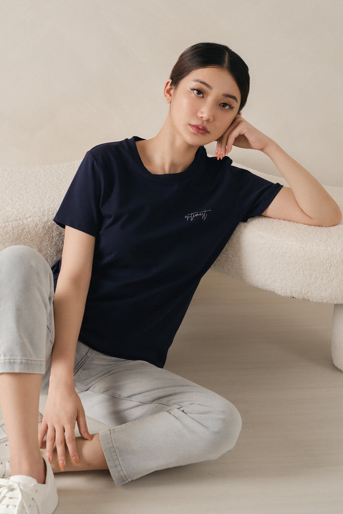 Yacht21, Yacht 21, yacht21, yacht 21, Y21, y21, womenswear, ladieswear, ladies, fashion, clothing,  fuss-free, low ironing, wrinkle free, casual, easy, versatile, comfortable, tshirt, t-shirt, top, embroidery, optimist, short sleeves, sleeves, Carina Basic T-Shirt in Navy Blue