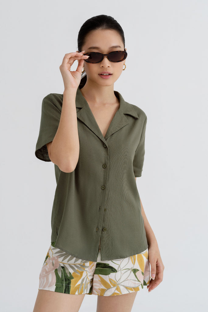 Yacht21, Yacht 21, yacht21, yacht 21, Y21, y21, womenswear, ladieswear, ladies, fashion, clothing, fuss-free, low ironing, casual, easy, versatile, comfortable, airy, lightweight, simple, minimal, top, sleeves, green, essential, Indiana Button Down shirt