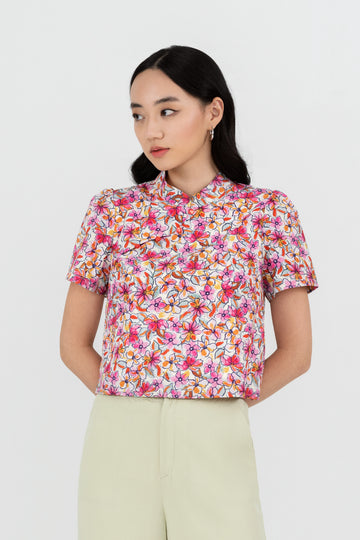 Yacht21, Yacht 21, yacht21, yacht 21, Y21, y21, womenswear, ladieswear, ladies, fashion, clothing, fuss-free, low ironing, wrinkle free, casual, easy, versatile, comfortable, classic, basic, top, cheongsam, cheongsam top, print, floral, pattern, prints, mandarin collar, buttons, cny, chinese new year, lunar new year, pink, festive, Julissa Printed Top
