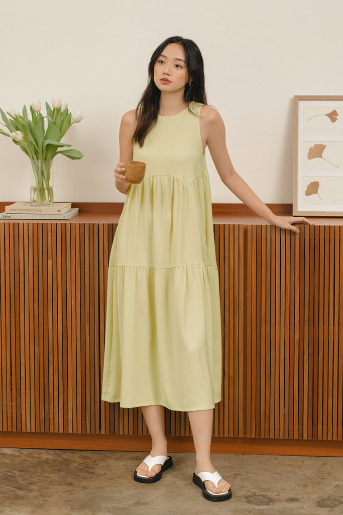 Yacht21, Yacht 21, yacht21, yacht 21, Y21, y21, womenswear, ladieswear, ladies, fashion, clothing, fuss-free, low ironing, wrinkle resistant, casual, easy, versatile, comfortable, sleeveless, maxi dress, maxi, dress, staple, minimal, simple, tiered, pockets, yellow, Sylvia Tiered Maxi Dress