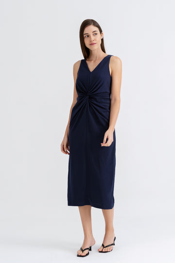 Yacht21, Yacht 21, yacht21, yacht 21, Y21, y21, womenswear, ladieswear, ladies, fashion, clothing,  fuss-free, low ironing, wrinkle resistant, easy, versatile, simple, minimal, comfortable, occasion, midi, dress, midi dress, sleeveless, pockets, polyester, navy blue, blue, Lynette Front Twist Midi Dress in Navy Blue