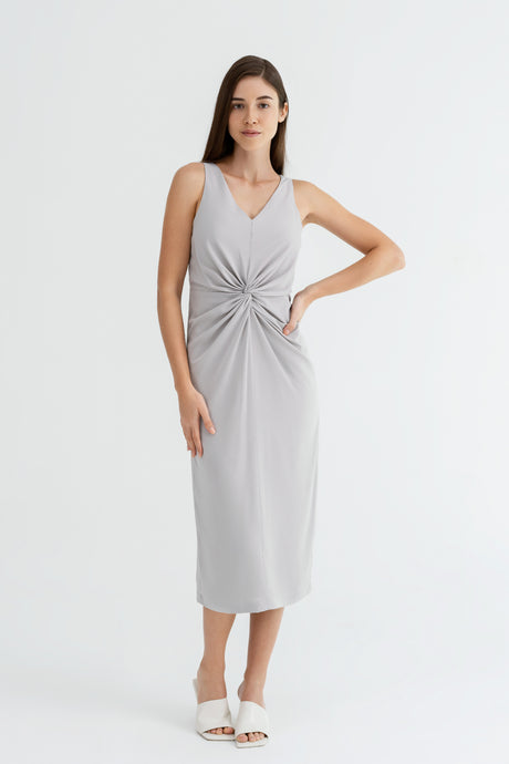 Yacht21, Yacht 21, yacht21, yacht 21, Y21, y21, womenswear, ladieswear, ladies, fashion, clothing,  fuss-free, low ironing, wrinkle resistant, easy, versatile, simple, minimal, comfortable, occasion, midi, dress, midi dress, sleeveless, pockets, polyester, grey, Lynette Front Twist Midi Dress in Cloud Grey