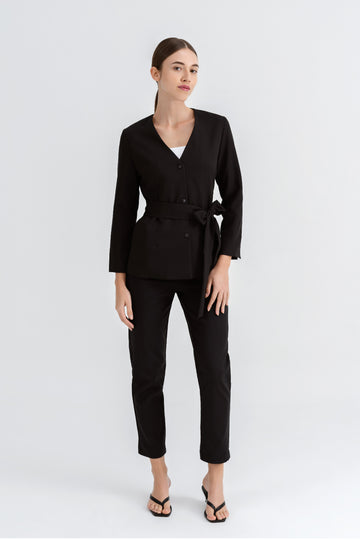 Yacht21, Yacht 21, yacht21, yacht 21, Y21, y21, womenswear, ladieswear, ladies, fashion, clothing, fuss-free, low ironing, classic, easy, versatile, comfortable, sleeves, airy, lightweight, simple, minimal, top, ribbon, self-tie, essential, basic, black, Maygan Belted-Blazer Top