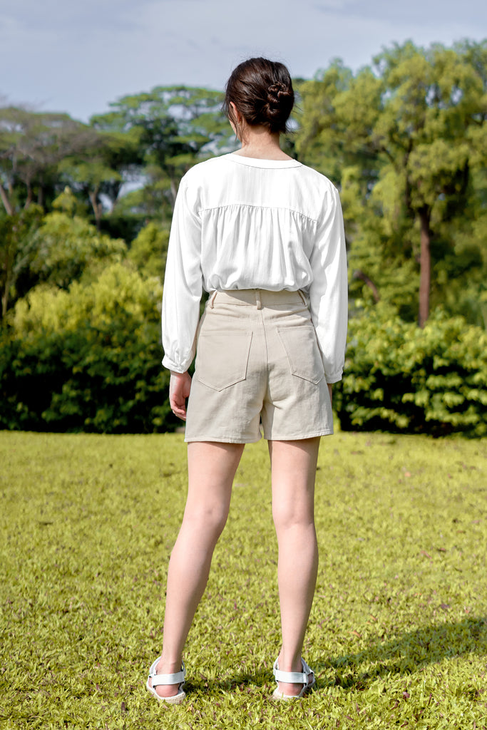 Yacht21, Yacht 21, yacht21, yacht 21, Y21, y21, womenswear, ladieswear, ladies, fashion, clothing, fuss-free, low ironing, casual, easy, versatile, comfortable, basic, staple, simple, bottoms, shorts, high-waist, easy to match, pockets, beige, Lorie Denim Shorts in Beige