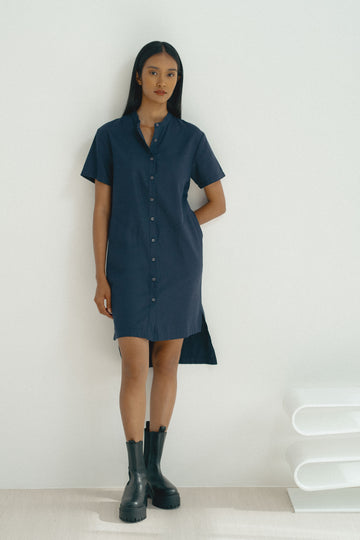 Yacht21, Yacht 21, yacht21, yacht 21, Y21, y21, womenswear, ladieswear, ladies, fashion, clothing, Y21 x grey_evolution, The Ageless Capsule Wardrobe, collaboration, dress, short sleeves, shirt dress, crew neck, high-low hem, cut-out detail, cotton, button down front, navy, blue,  versatile, classic, timeless, minimalistic, contemporary, Crew-Neck Side Slit Cotton Shirt Dress