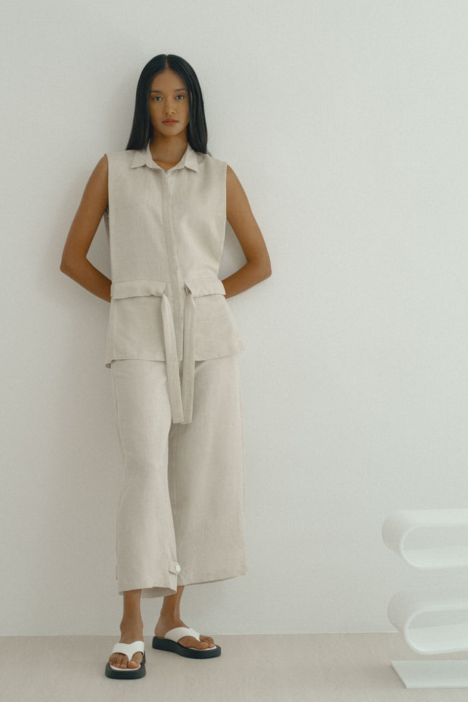 Yacht21, Yacht 21, yacht21, yacht 21, Y21, y21, womenswear, ladieswear, ladies, fashion, clothing, Y21 x grey_evolution, The Ageless Capsule Wardrobe, collaboration, top, sleeveless, vest, blouse, pockets, detachable, sash, linen, viscose, sand, beige, versatile, classic, timeless, minimalistic, contemporary, Belted Linen Viscose Vest Top in Sand Beige
