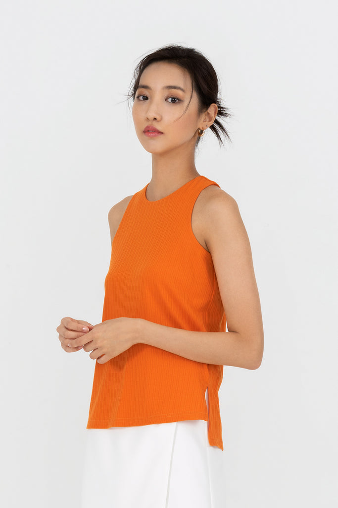 Y21, y21, Yacht21, Yacht 21, yacht21, yacht 21, womenswear, ladieswear, ladies, fashion, clothing, clothes, fuss-free, low ironing, casual, easy, versatile, classic, basic, staple, simple, minimal, comfortable, top, textured, knit, sleeveless, loungewear, relaxed, orange, Valerie Ribbed Knit Tank Top in Orange