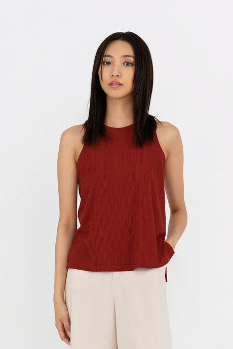 Y21, y21, Yacht21, Yacht 21, yacht21, yacht 21, womenswear, ladieswear, ladies, fashion, clothing, clothes, fuss-free, low ironing, casual, easy, versatile, classic, basic, staple, simple, minimal, comfortable, top, textured, knit, sleeveless, loungewear, relaxed, red, Valerie Ribbed Knit Tank Top in Scarlet Red