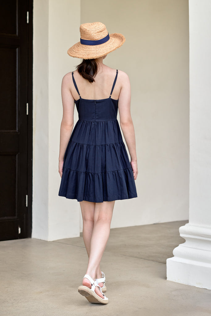 Yacht21, Yacht 21, yacht21, yacht 21, Y21, y21, womenswear, ladieswear, ladies, fashion, clothing,  fuss-free, low ironing, casual, easy, versatile, comfortable, textured, pattern, sweet, feminine, classic, dress, short dress, tiered, delicate, adjustable, straps, sleeveless, summer, navy, blue, Cherie Sleeveless Dress in Navy Blue