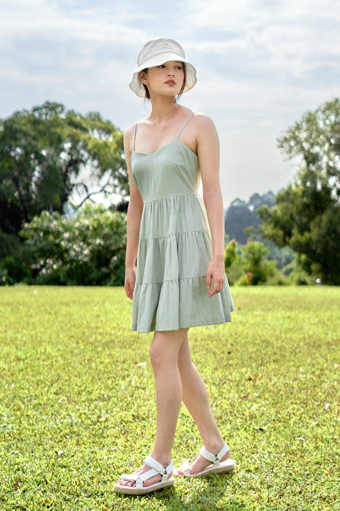 Yacht21, Yacht 21, yacht21, yacht 21, Y21, y21, womenswear, ladieswear, ladies, fashion, clothing,  fuss-free, low ironing, casual, easy, versatile, comfortable, textured, pattern, sweet, feminine, classic, dress, short dress, tiered, delicate, adjustable, straps, sleeveless, summer, sage, green, Cherie Sleeveless Dress in Sage Green