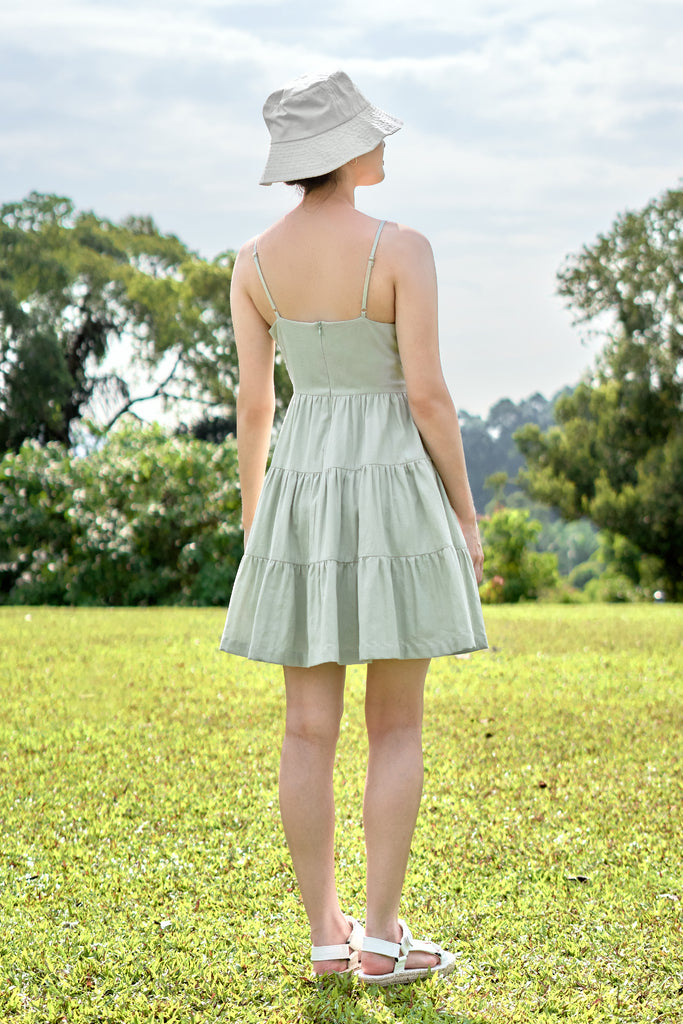 Yacht21, Yacht 21, yacht21, yacht 21, Y21, y21, womenswear, ladieswear, ladies, fashion, clothing,  fuss-free, low ironing, casual, easy, versatile, comfortable, textured, pattern, sweet, feminine, classic, dress, short dress, tiered, delicate, adjustable, straps, sleeveless, summer, sage, green, Cherie Sleeveless Dress in Sage Green