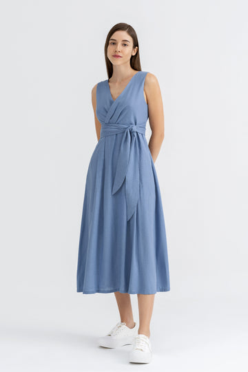 Yacht21, Yacht 21, yacht21, yacht 21, Y21, y21, womenswear, ladieswear, ladies, fashion, clothing,  fuss-free, low ironing, easy, versatile, simple, minimal, comfortable, wrap, maxi, dress, maxi dress, sleeveless, pockets, linen, rayon, self-tie sash, blue, Celine Wrap Front Maxi Dress