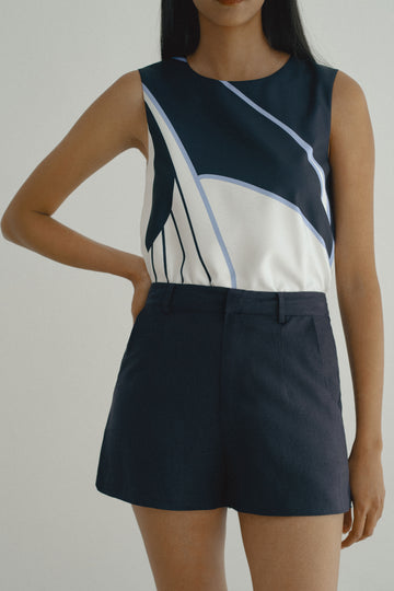 Yacht21, Yacht 21, yacht21, yacht 21, Y21, y21, womenswear, ladieswear, ladies, fashion, clothing, Y21 x grey_evolution, The Ageless Capsule Wardrobe, collaboration, bottoms, shorts, linen, viscose, pockets, navy, blue, tailored, styling, versatile, classic, timeless, minimalistic, contemporary, Tailored Linen Viscose Shorts in Navy Blue