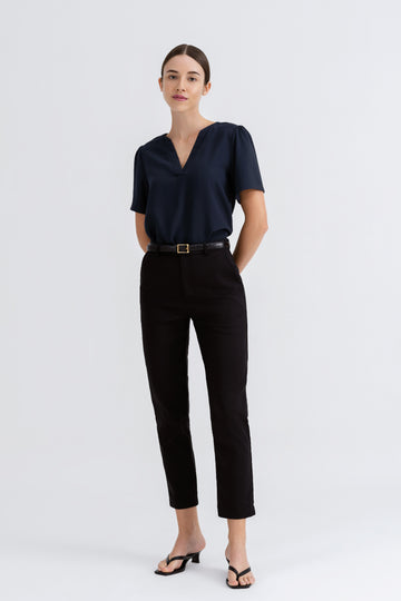 Yacht21, Yacht 21, yacht21, yacht 21, Y21, y21, womenswear, ladieswear, ladies, fashion, clothing, fuss-free, low ironing, casual, easy, versatile, comfortable, classic, basic, top, shirt, sleeves, staple, classic, minimal, simple, relaxed, blue, navy blue, Adeline Slit-Neck top in Navy Blue