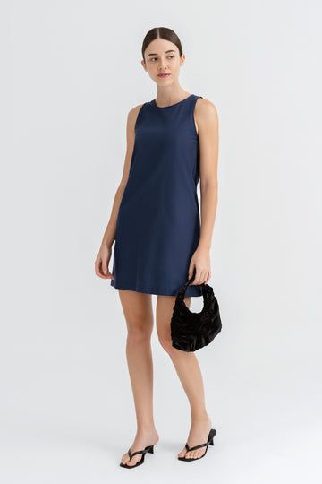 Yacht21, Yacht 21, yacht21, yacht 21, Y21, y21, womenswear, ladieswear, ladies, fashion, clothing, fuss-free, low ironing, wrinkle resistant, easy, versatile, simple, minimal, comfortable, casual, dress, shift dress, sleeveless, pockets, blue, Aerene Keyhole Back Shift Dress