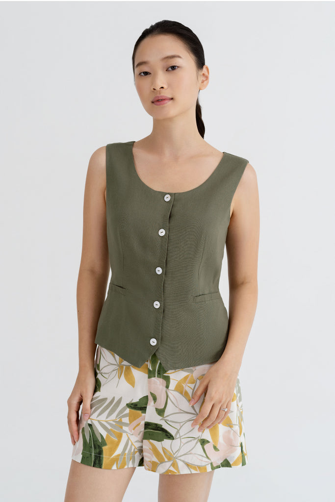 Yacht21, Yacht 21, yacht21, yacht 21, Y21, y21, womenswear, ladieswear, ladies, fashion, clothing, fuss-free, low ironing, casual, easy, versatile, comfortable, classic, basic, top, sleeveless, staple, classic, minimal, simple, vest, styling, green, button, Jane Solid Button Vest Top in Juniper Green