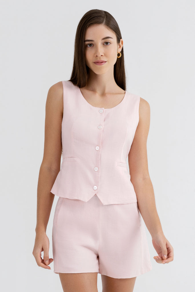 Yacht21, Yacht 21, yacht21, yacht 21, Y21, y21, womenswear, ladieswear, ladies, fashion, clothing, fuss-free, low ironing, casual, easy, versatile, comfortable, classic, basic, top, sleeveless, staple, classic, minimal, simple, vest, styling, pink, button, Jane Solid Button Vest top in Blush Pink