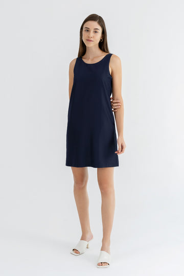 Yacht21, Yacht 21, yacht21, yacht 21, Y21, y21, womenswear, ladieswear, ladies, fashion, clothing,  fuss-free, low ironing, wrinkle resistant, easy, versatile, simple, minimal, comfortable, dress, gathered, shift dress, sleeveless, pockets, polyester, blue, Valencia Gathered Back Shift Dress in Navy Blue