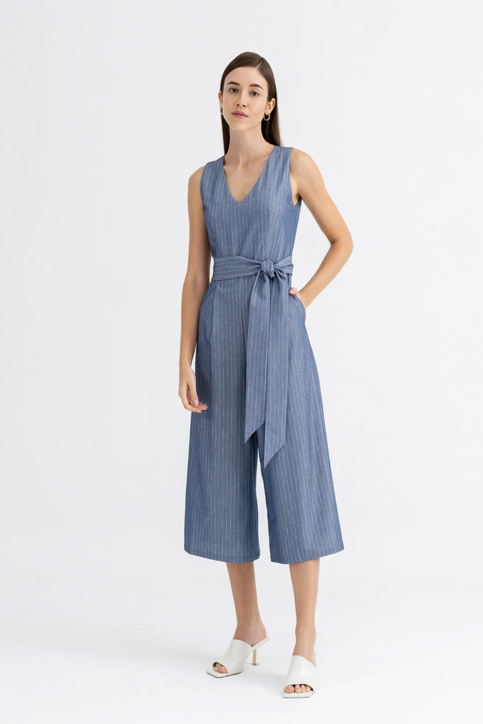 Yacht21, Yacht 21, yacht21, yacht 21, Y21, y21, womenswear, ladieswear, ladies, fashion, clothing, fuss-free, low ironing, wrinkle free, casual, easy, versatile, comfortable, sleeveless, blue, pockets, sleek, tailored, jumpsuit, Candace Striped Tie-Waist Jumpsuit