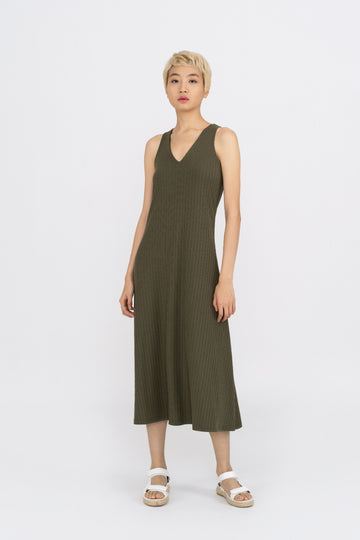 Yacht21, Yacht 21, yacht21, yacht 21, Y21, y21, womenswear, ladieswear, ladies, fashion, clothing, fuss-free, low ironing, casual, easy, versatile, comfortable, elegant, feminine, classic, dress, maxi dress, maxi, knit, ribbed, sleeveless, minimal, simple, staple, basic, v-neck, yellow, green, purple, Justina V-Neck Maxi Dress in Khaki Green